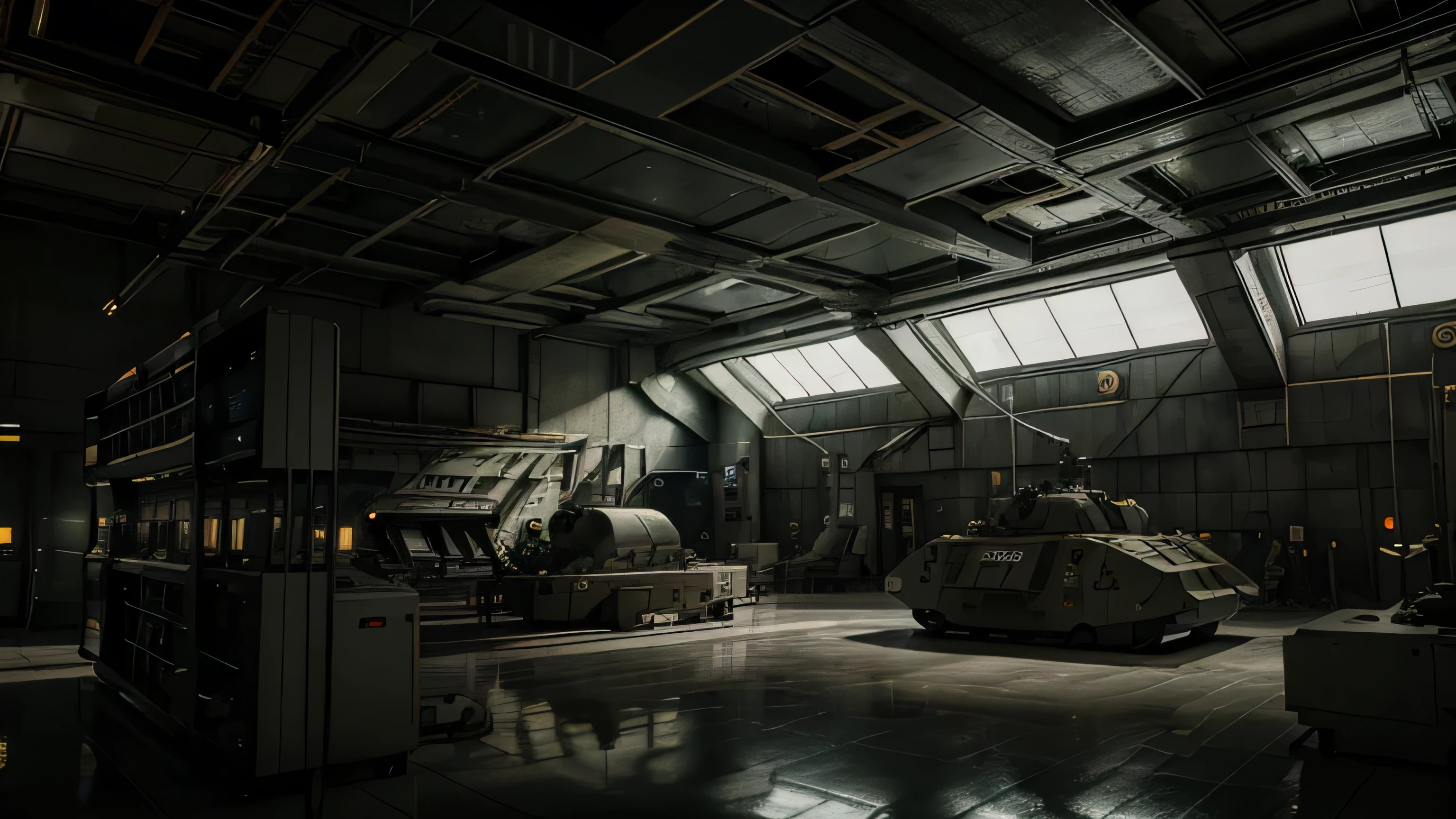hazy sci-fi military lab, wide shot, inside the lab there are big machines and terminals, eerie atmosphere, multilayered layout, intricate detail, 8K
