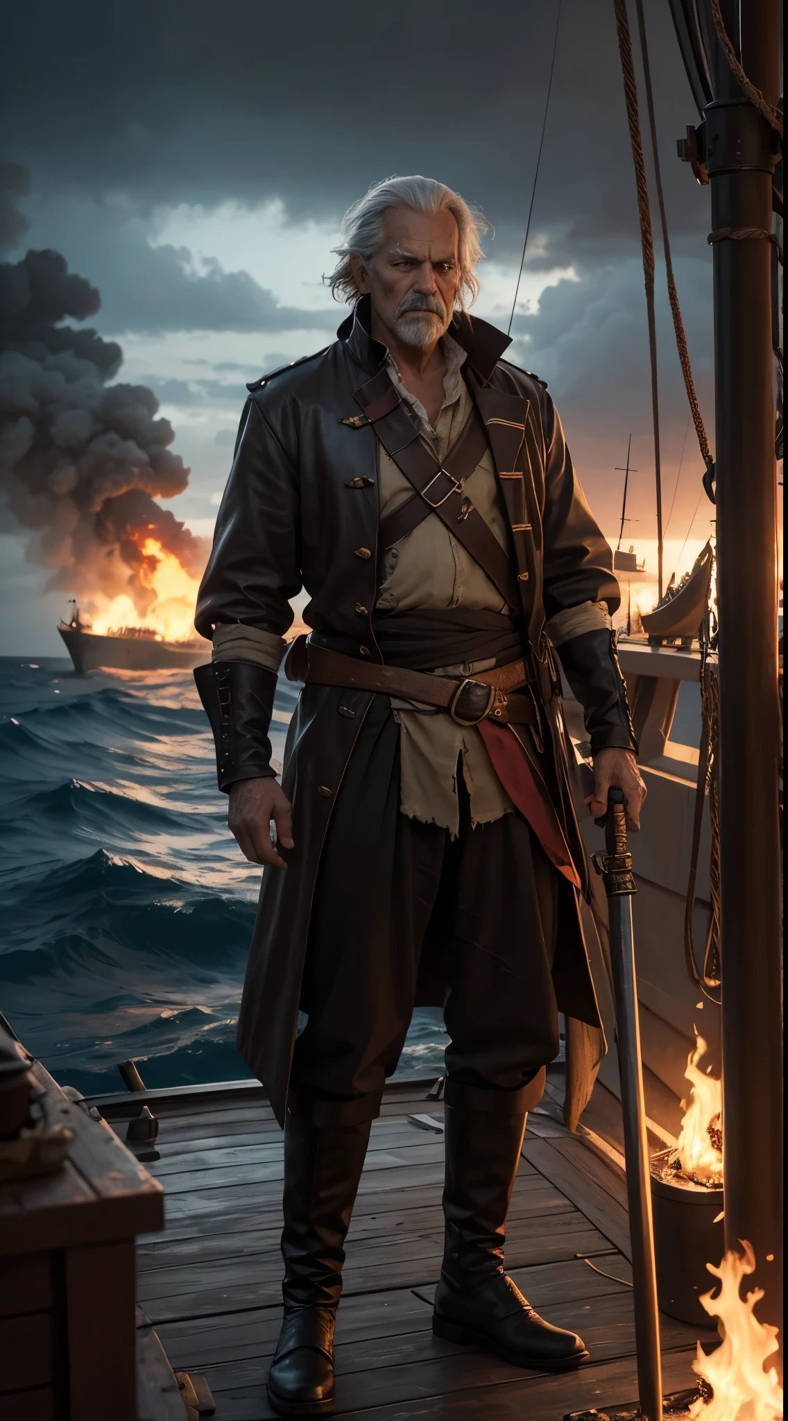 An old weathered, wrinkled pirate, with a homemade eyepatch, his clothes are worn out and tattered, he has a rusty sword at his waist with an old leather scabbard, he is standing on the deck of his ship at night in a stormy war, glow of fire and burning ships, sea spray. Intricate, superdetailed, 8k, 16k, ultra sharp, cinematic, evoking emotion