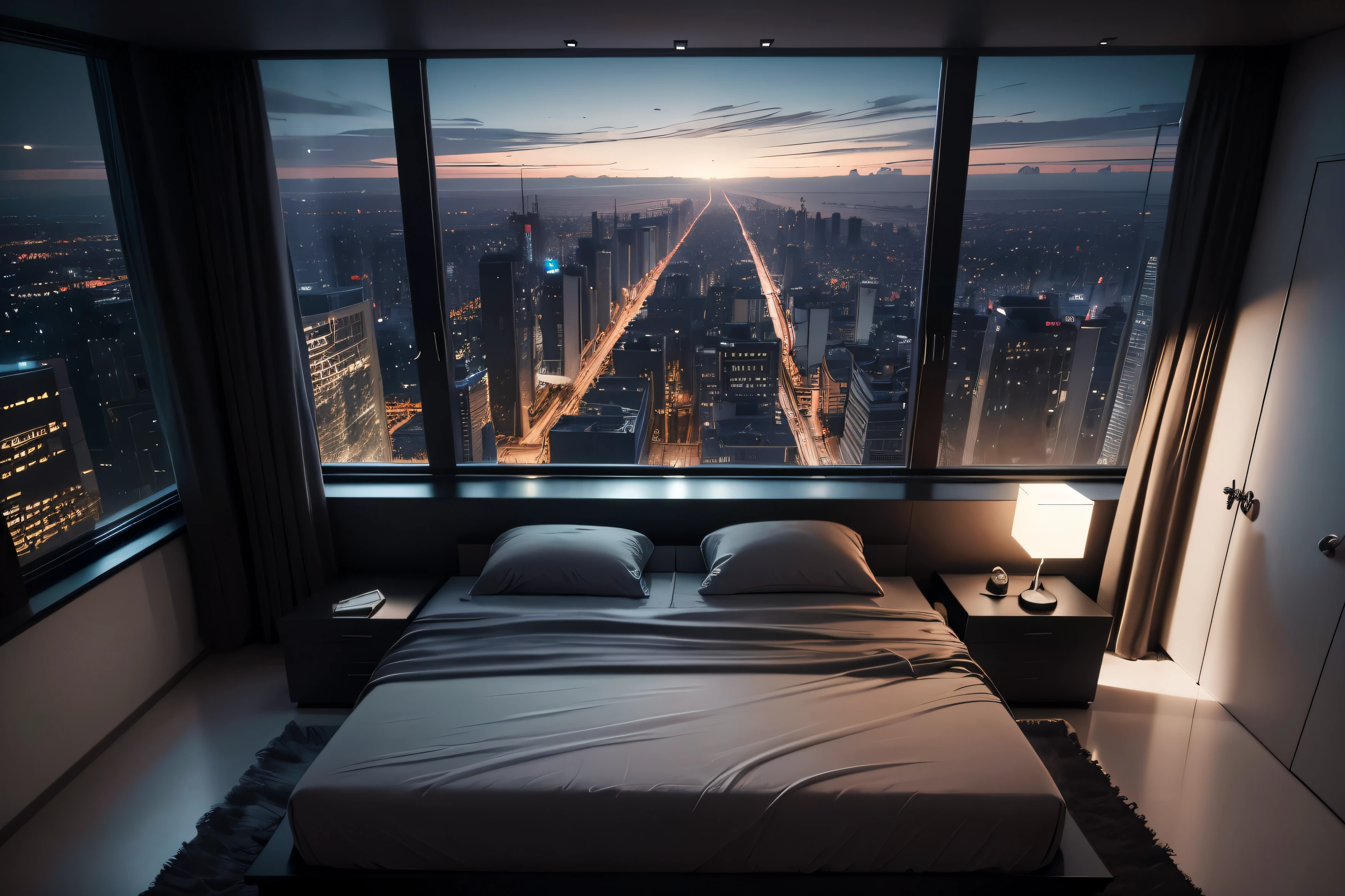 A cosy dark themed modern bedroom, luxury, high class, gray satin bed, amazing views, midnight, bed on the center, view from top