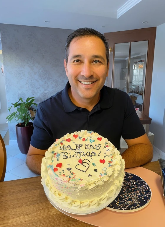 smiling man holding a cake with a heart on it, holding a birthday cake, he is! about 3 0 years old, he is about 40 years old, he is about 4 0 years old, he is 3 5 years old, he is about 3 0 years old, he is about 30 years old, celebrating a birthday, he is about 50 years old