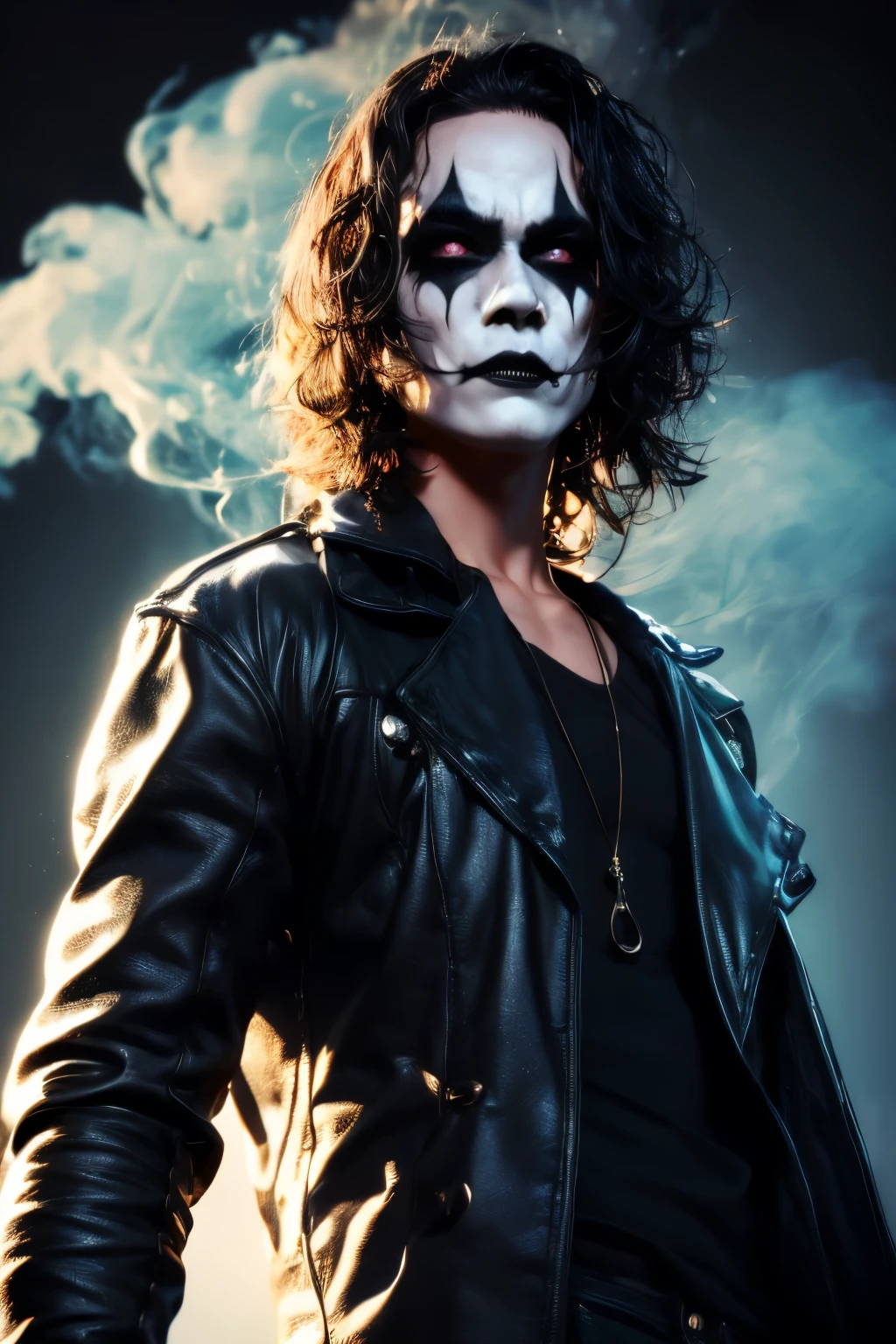 T-shirt Design, ((black background)). "The Crow". The character is in the middle of a dark street, with a bright green light shining on him. (( The Crow V.IT Face, White face with black makeup )), The background is black with smoke. Wearing a The Crow Costume. The character is wearing a black overcoat, jeans. He has long black hair and wears black makeup, makeup with just one line on each eye. DETAILED FACE, intricaten. Realism: The generated art should be realistic and highly detailed. Lighting: The lighting should be cinematic, with a bright green light shining on the character. Background: The background should be black with smoke. Cinematic lighting. 