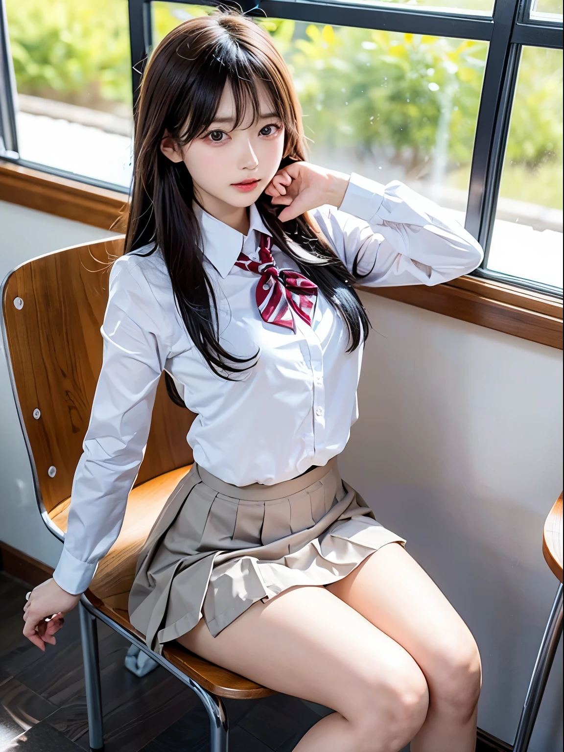 top-quality、8k picture、In a classroom with the setting sun shining through the window、1 girl sitting on a chair、Cute Beautiful Girl、Hold your knees and sit on a chair、White blouses、a short skirt、I can't see the white panties.、slenderbody、tiny chest、toned legs、Detailed details