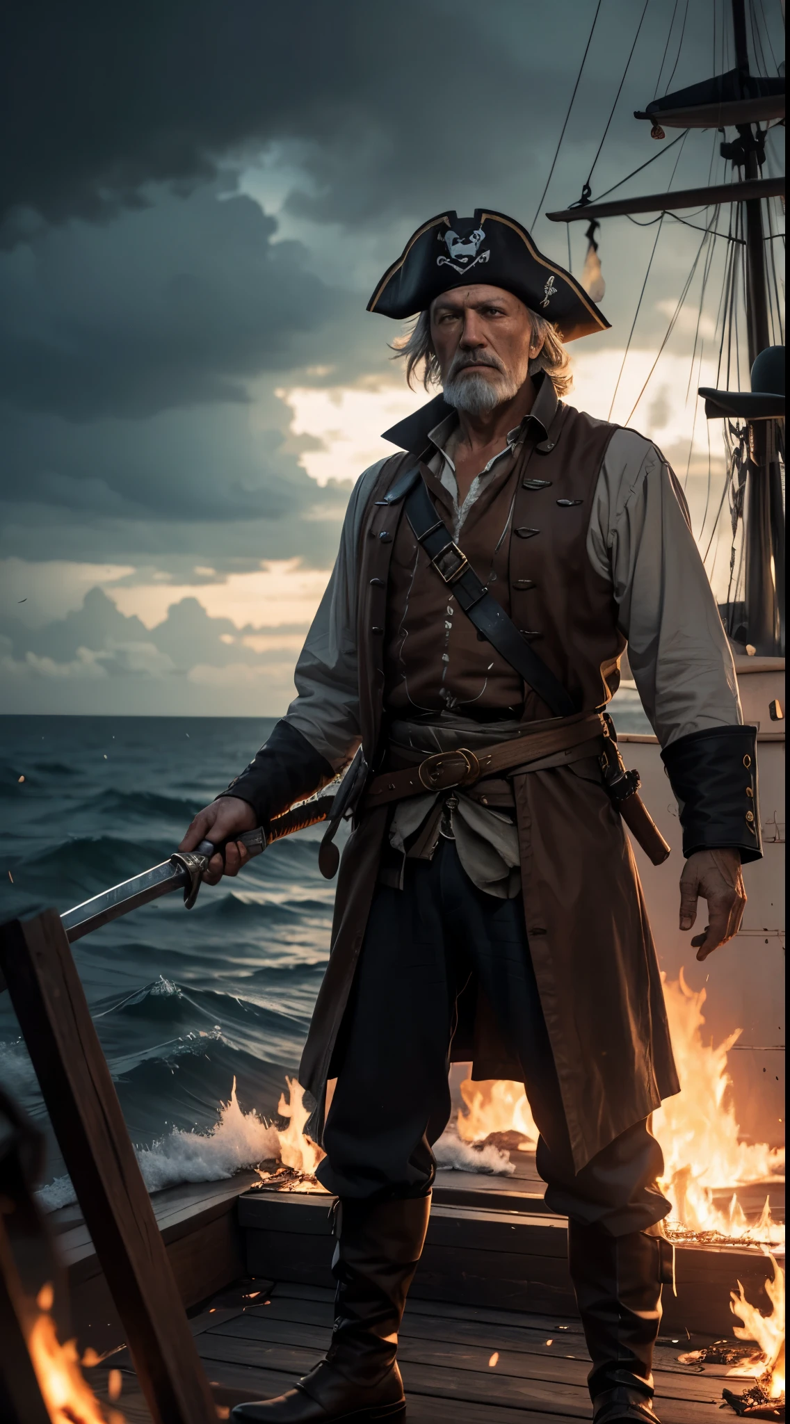 An old weathered, wrinkled pirate, with a homemade eyepatch, his clothes are worn out and tattered, he has a rusty sword at his waist with an old leather scabbard, he is standing on the deck of his ship at night in a stormy war, glow of fire and burning ships, sea spray, sparks and burning embers fly through the air. Intricate, superdetailed, 8k, 16k, ultra sharp, cinematic, evoking emotion