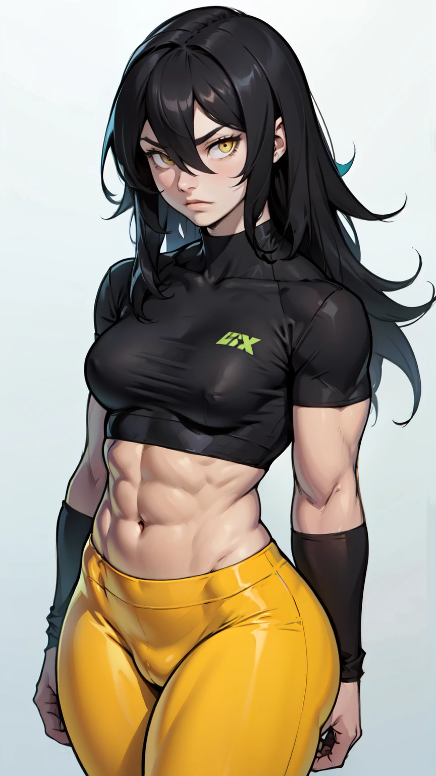 expressionless sad girl muscular girl thick girl pale skin girl black hair girl yellow eyes girl skindentation midriff navel abs flat chest girl long hair hair between eyes leggings tight shirt thick thick thick thick thick thick thick thick thick thick thick thick 