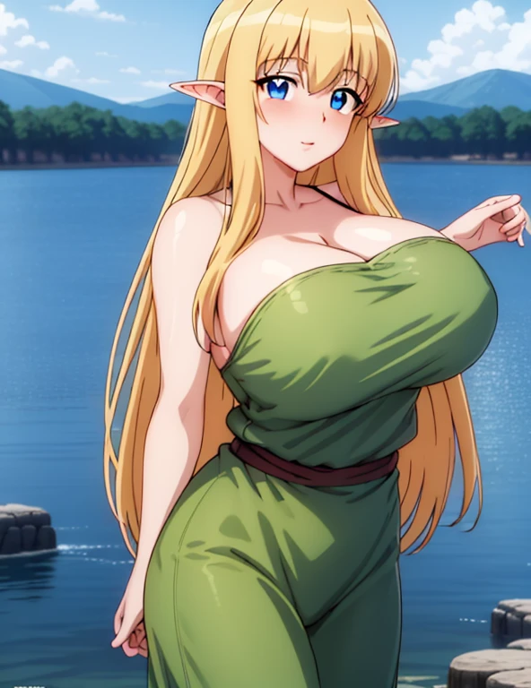 (masterpiece, best quality, high resolution, anime colored, anime screencap, 8k, detailed, photorealistic), tifania, The Familiar of Zero, blue eyes, blush, elf, long hair, huge breasts, pointy ears, blonde hair, sideboob, green clothes, upper body, lake