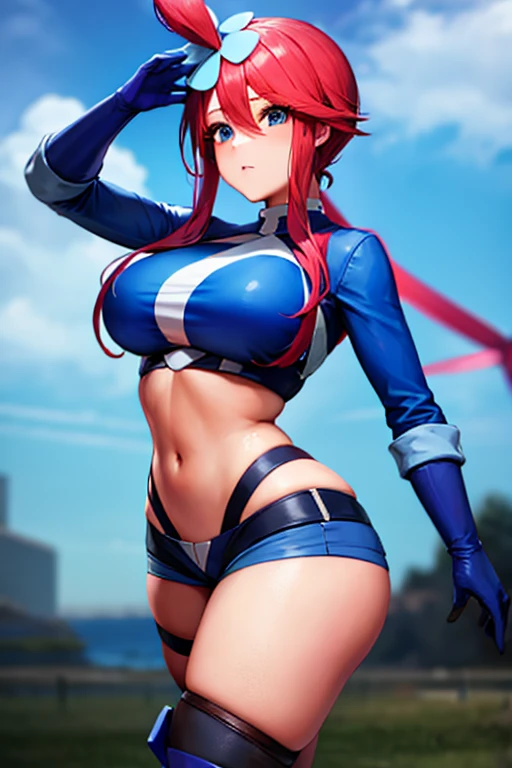 pokemonskyla, blue eyes, hair ornament, one side up, red hair, short hair with long locks, sidelocks,
blue footwear, blue gloves, blue jacket, blue shorts, boots, crop top, cropped jacket, gloves, jacket, midriff, navel, short shorts, shorts, thigh pouch, large butt, large breasts, back view