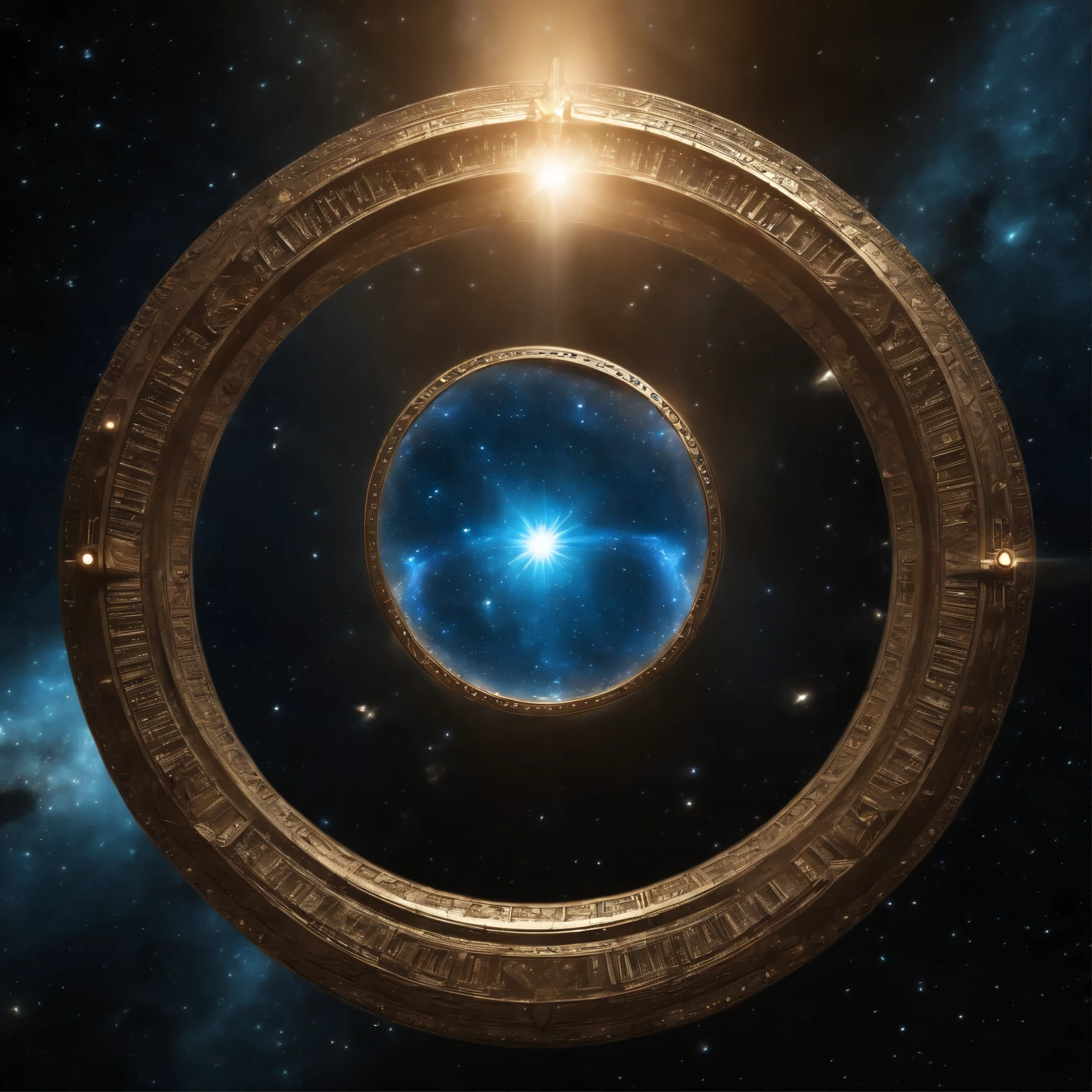 (((deep outer space))), super detailed image of the giant stargate ring ((in the deep space):1.5), ((inside the ring of these star gates there is a funnel of blue plasma streams):1.5), ((flying saucer opposite this stargate is preparing to pass through it):1.35), (Milky Way background), (deep outer space around), space, stars, (Best Quality, 16K, Masterpiece, UHD, Ultra quality cinematic lighting, Huge detail, Well lit, sharp, hyper realistic, epic scale, insane level of details)