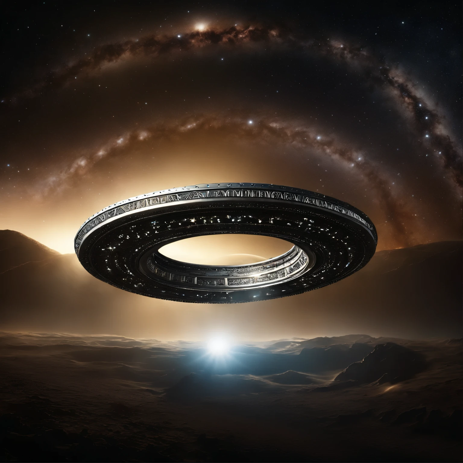 (((deep outer space))), super detailed image of the giant stargate ring ((in the deep space):1.5), ((flying saucer opposite this stargate is preparing to pass through it):1.35), (Milky Way background), (deep outer space around), space, stars, (Best Quality, 16K, Masterpiece, UHD, Ultra quality cinematic lighting, Huge detail, Well lit, sharp, hyper realistic, epic scale, insane level of details)