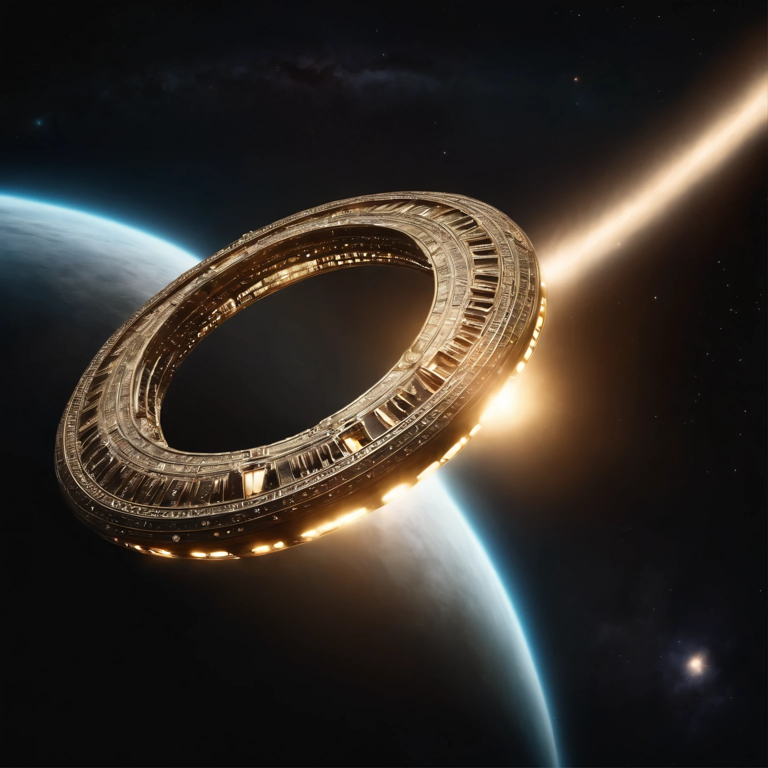 (((deep outer space))), super detailed image of the giant stargate ring ((in the deep space):1.5), ((flying saucer opposite this stargate is preparing to pass through it):1.35), (Milky Way background), (deep outer space around), space, stars, (Best Quality, 16K, Masterpiece, UHD, Ultra quality cinematic lighting, Huge detail, Well lit, sharp, hyper realistic, epic scale, insane level of details)