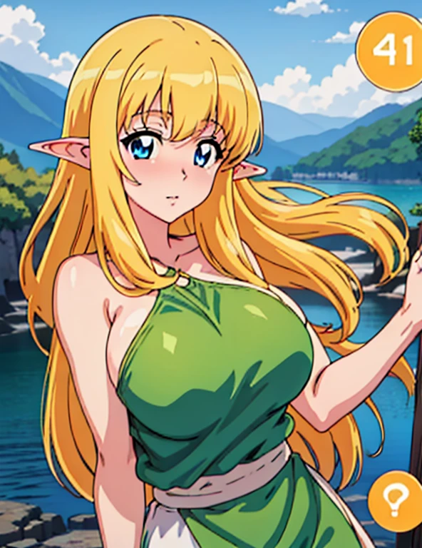 (masterpiece, best quality, high resolution, anime colored, anime screencap, 8k, detailed, photorealistic), tifania, The Familiar of Zero, blue eyes, blush, elf, long hair, large breasts, pointy ears, blonde hair, sideboob, green clothes, (upper body:1.5), lake