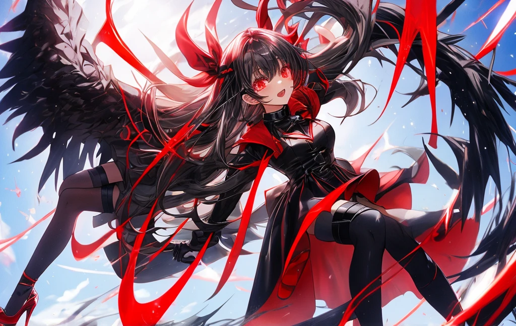 red eyes, sliver hair, black stocking, long gloves, short pants, dress, high heels,
