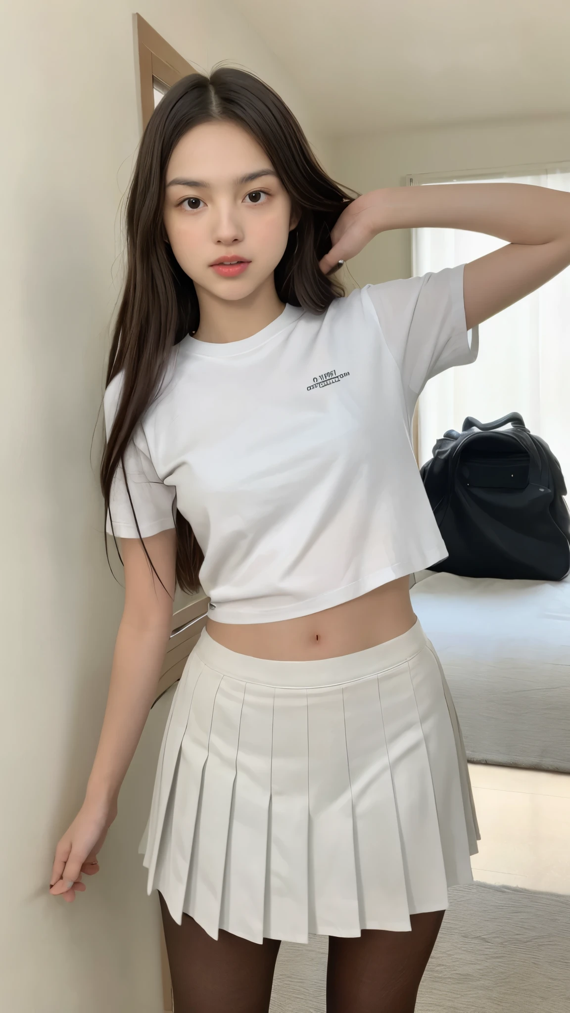 Olivia Rodrigo, 13 years old, long hair: 1.3, lifting t-shirt to show me her breasts, pleated skirt, pantyhose, small breasts, light skin, photorealistic