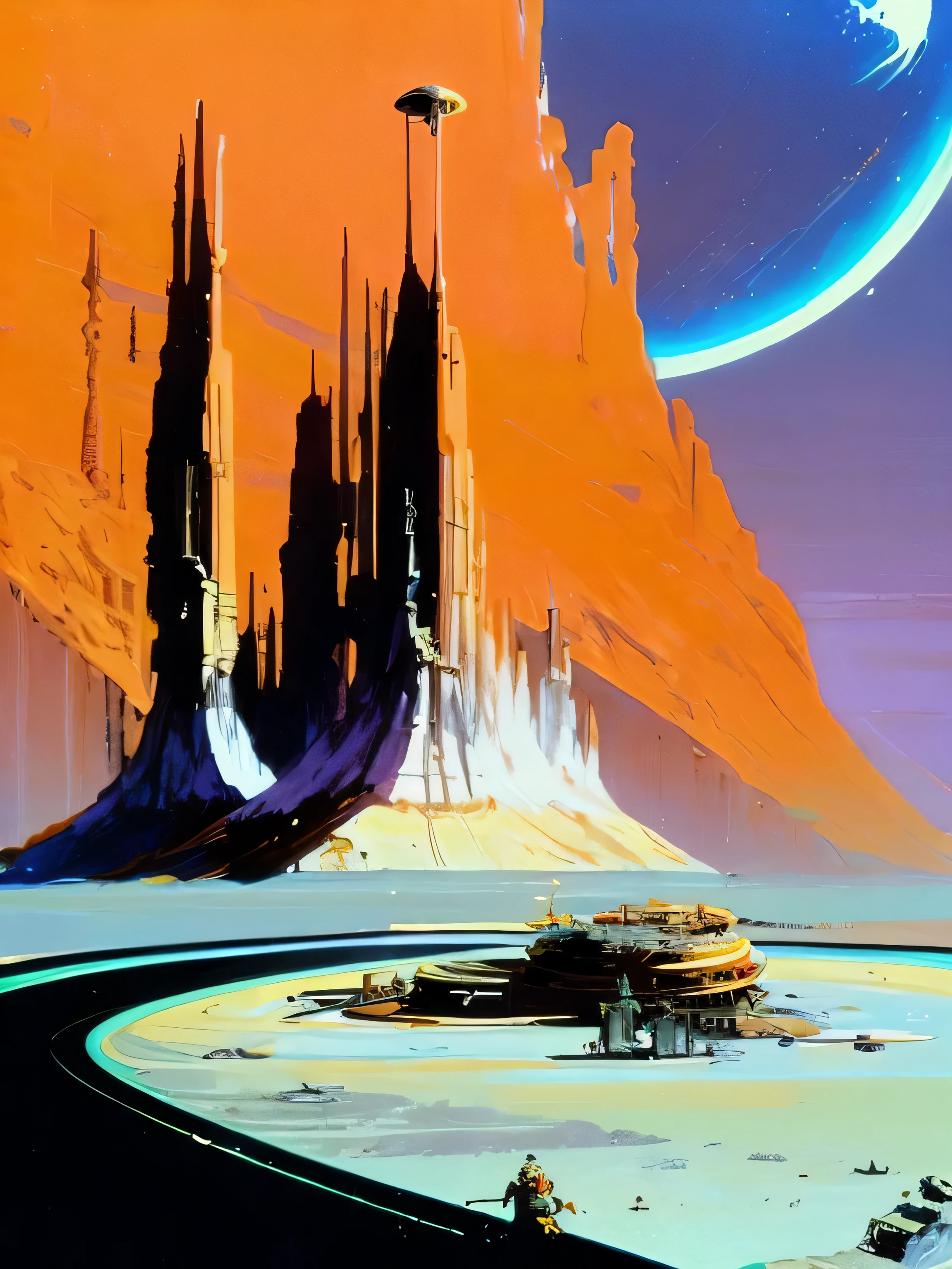 by John Berkey colorful space, on a desolated alien planet , Moebius, Syd Mead, Frank Frazetta, John Berkey, brutalism