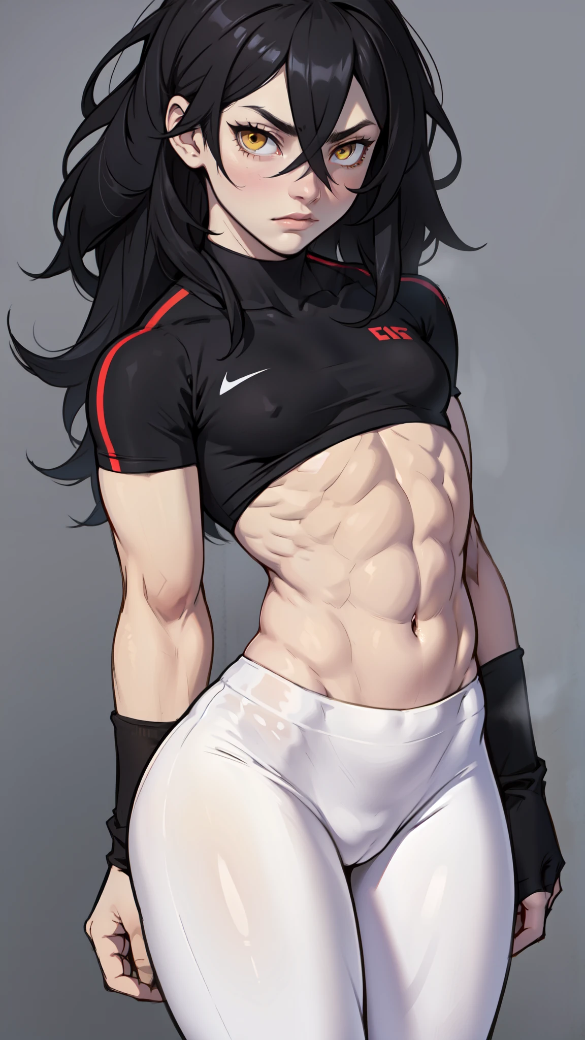 expressionless sad girl muscular girl thick girl pale skin girl black hair girl yellow eyes girl skindentation midriff navel abs flat chest girl long hair hair between eyes leggings tight shirt thick thick thick