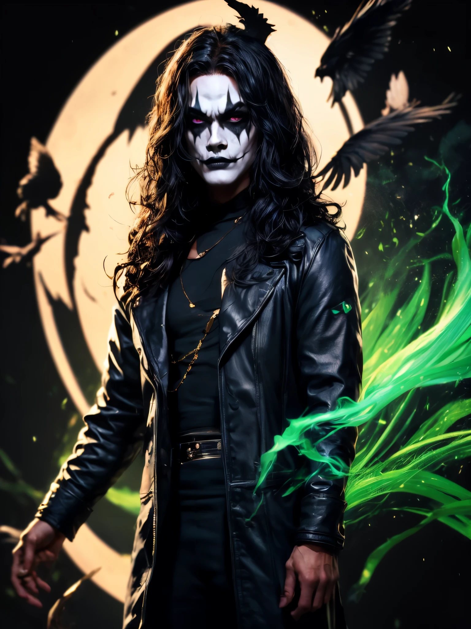 T-shirt Design, ((black background)). "The Crow". The character is in the middle of a dark street, with a bright green light shining on him. (( The Crow V.IT Face, White face with black makeup )), The background is black with smoke. Wearing a The Crow Costume. The character is wearing a black overcoat, jeans. He has long black hair and wears black makeup, makeup with just one line on each eye. DETAILED FACE, intricaten. Realism: The generated art should be realistic and highly detailed. Lighting: The lighting should be cinematic, with a bright green light shining on the character. Background: The background should be black with smoke. Cinematic lighting. 