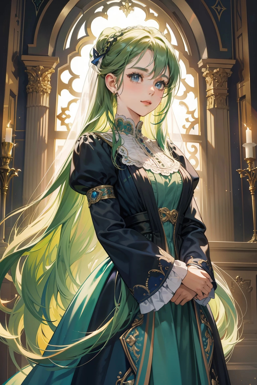 In the best quality image, a beautiful Victorian girl with a perfect face and super long green hair is captured in a masterpiece-level photo. Her grey eyes sparkle with life as she stands inside a grand castle background, adding to the enchanting atmosphere. The detailed design of her blue Victorian dress hugs her figure, revealing intricate patterns and colored inlays. The durable surface of the dress gleams under the light, showcasing the time-honored technique of mosaic art. With her arms crossed and a soft smile playing on her lips, she exudes an air of elegance and sophistication. The depth of the image is accentuated by pastel colors and natural shadows, bringing out the focus on her