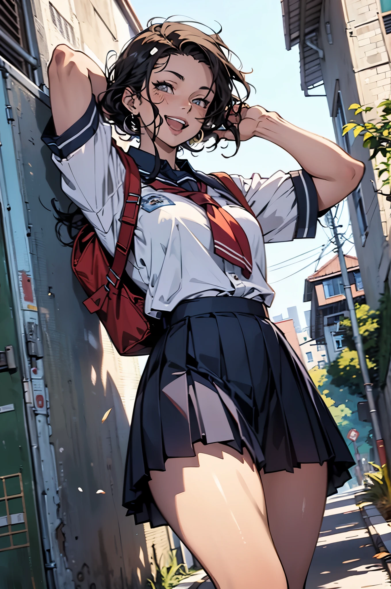 (masterpiece,best quality),(highres,detailed),(wallpaper),
cute,anime,animated,photorealistic,

solo:1.2,woman,
(school uniform:1.5),(baggy school uniform shirt),
(unkept hair,voluminous hair),
(beautiful thigh:1.0),

open mouth,laugh,smiling,

(narrow waist,wide hip,athletic body,inflated legs,detailed body,(detailed face)),