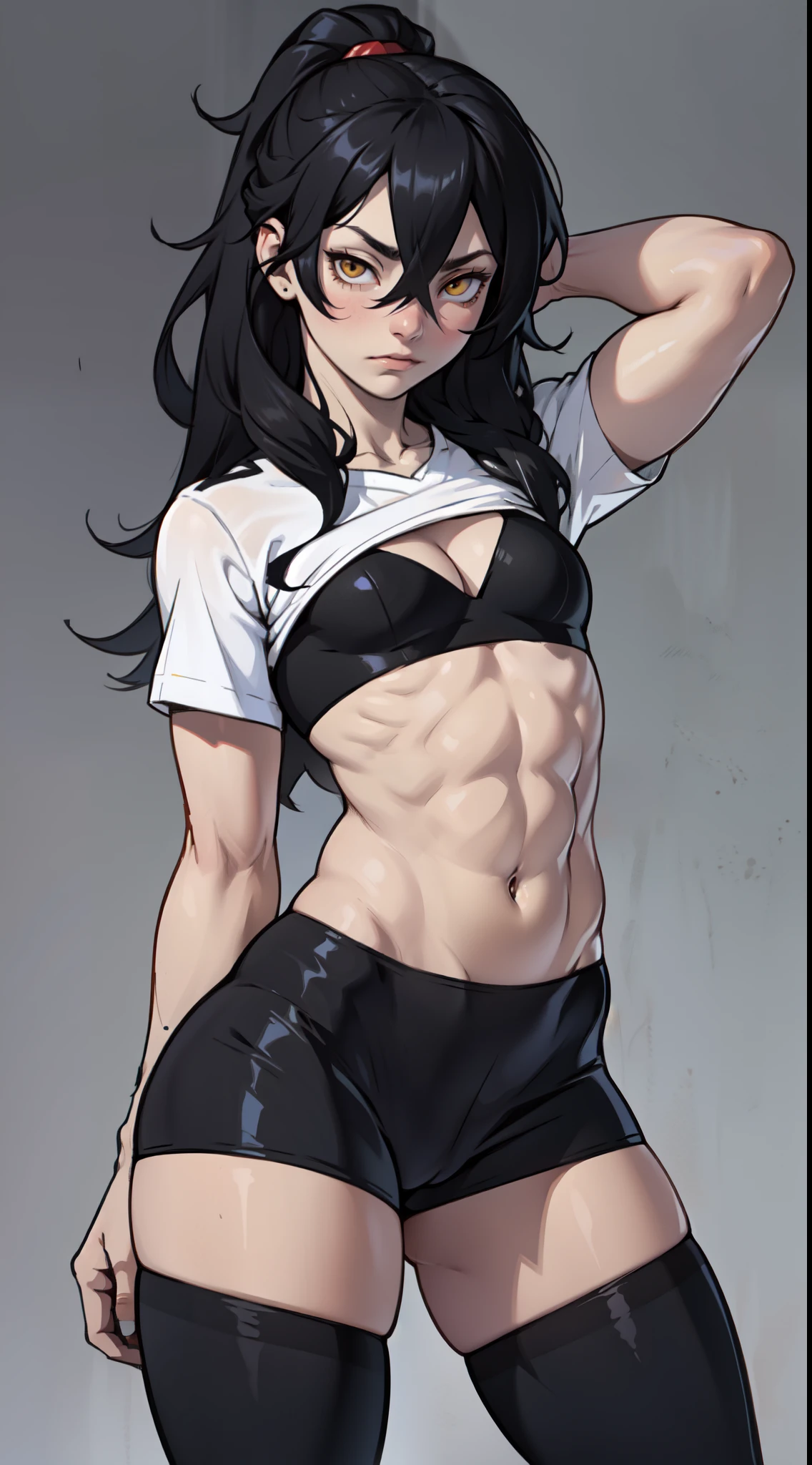 expressionless sad girl muscular girl thick girl pale skin girl black hair girl yellow eyes girl skindentation midriff navel abs flat chest girl long hair hair between eyes leggings tight shirt