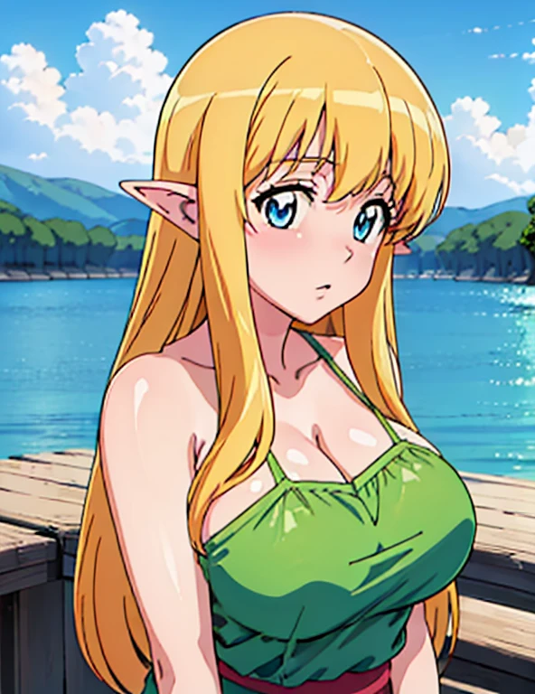 (masterpiece, best quality, high resolution, anime colored, anime screencap, 8k, detailed, photorealistic), tifania, The Familiar of Zero, blue eyes, blush, elf, long hair, large breasts, pointy ears, blonde hair, sideboob, green clothes, (upper body:1.5), lake