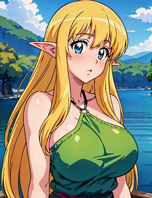 (masterpiece, best quality, high resolution, anime colored, anime screencap, 8k, detailed, photorealistic), tifania, The Familiar of Zero, blue eyes, blush, elf, long hair, large breasts, pointy ears, blonde hair, sideboob, green clothes, (upper body:1.5), lake