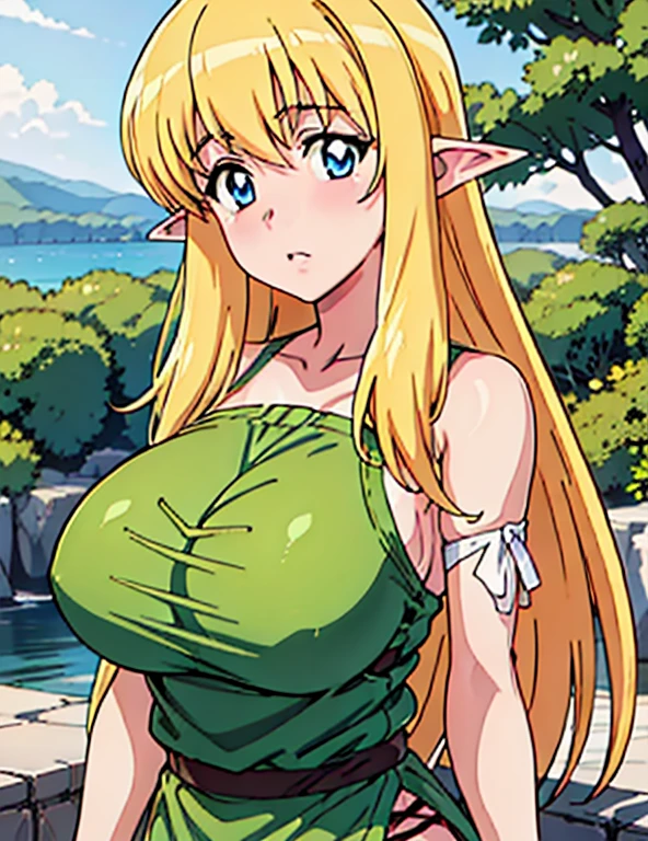 (masterpiece, best quality, high resolution, anime colored, anime screencap, 8k, detailed, photorealistic), tifania, The Familiar of Zero, blue eyes, blush, elf, long hair, large breasts, pointy ears, blonde hair, sideboob, green clothes, (upper body:1.5), lake