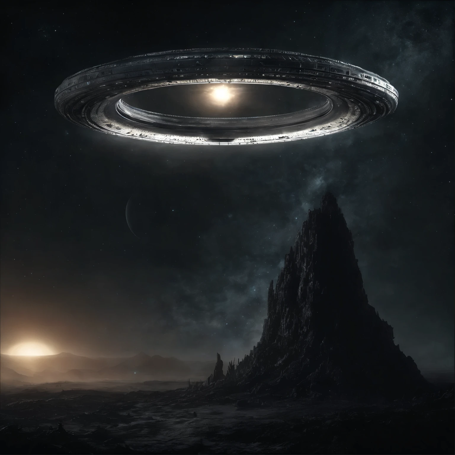 (((deep outer space))), super detailed image of the giant stargate ring ((in the deep space):1.5), ((flying saucer opposite this stargate is preparing to pass through it):1.35), (Milky Way background), (deep outer space around), space, stars, (Best Quality, 16K, Masterpiece, UHD, Ultra quality cinematic lighting, Huge detail, Well lit, sharp, hyper realistic, epic scale, insane level of details)