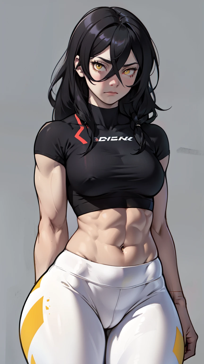 expressionless sad girl muscular girl thick girl pale skin girl black hair girl yellow eyes girl skindentation midriff navel abs flat chest girl long hair hair between eyes leggings tight shirt thick thick thick thick thick thick thick thick thick thick thick thick 