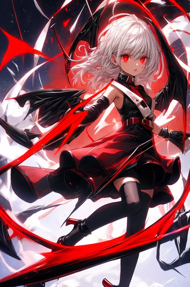 red eyes, sliver hair, black stocking, long gloves, short pants, dress, high heels