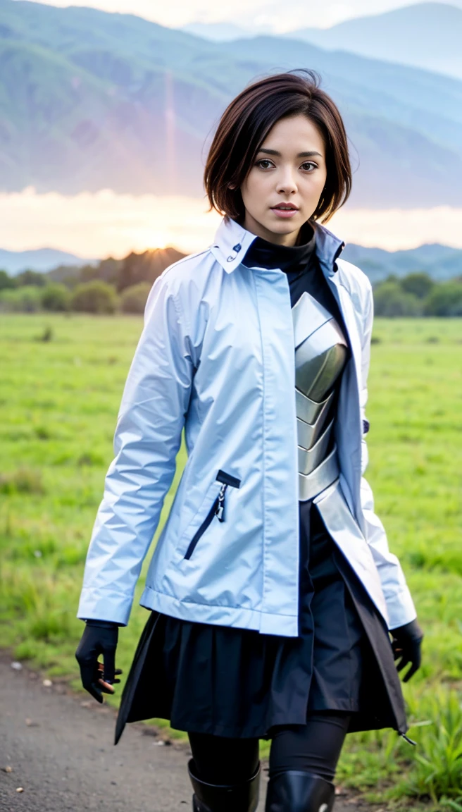 photorealistic, (4k), depth of field, (Masterpiece), (realistic skin texture), extremely detailed, intricate, hyper detailed, professional photography, bokeh, high resolution, sharp detail, best quality, woman, white coat, breastplate, black pants, purple skirt, short hair, black hair, purple eyes, high collar, black gloves, walking, poppy field, (sunset), pedal,  