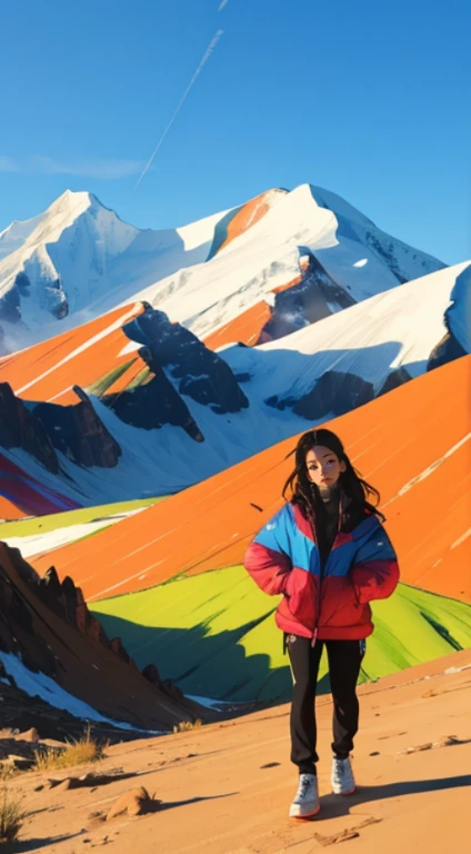 creative pose, landscape, mountain, Vinicunca, mountain de toute les couleurs, mountain arc en ciel, Beautiful girl, UHD Portrait, (high quality) (ultra detail) Observe viewers dressed in hip-hop-style street clothes; another, colourful, long hair 🌈