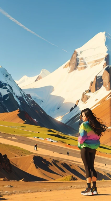 creative pose, landscape, mountain, Vinicunca, mountain de toute les couleurs, mountain arc en ciel, Beautiful girl, UHD Portrait, (high quality) (ultra detail) Observe viewers dressed in hip-hop-style street clothes; another, colourful, long hair 🌈