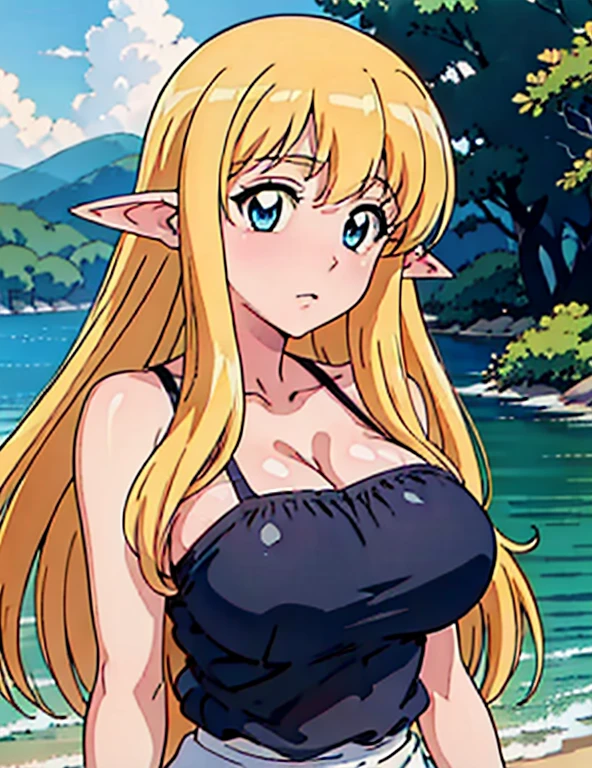 (masterpiece, best quality, high resolution, anime colored, anime screencap, 8k, detailed, photorealistic), tifania, The Familiar of Zero, blue eyes, blush, elf, long hair, large breasts, pointy ears, blonde hair, sideboob, green clothes, (upper body:1.5), lake, (perfect detailed anatomy, beautiful detailed eyes&hair, perfect detailed face&body, beautiful skin)