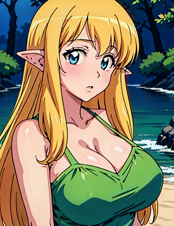 (masterpiece, best quality, high resolution, anime colored, anime screencap, 8k, detailed, photorealistic), tifania, The Familiar of Zero, blue eyes, blush, elf, long hair, large breasts, pointy ears, blonde hair, sideboob, green clothes, (upper body:1.5), lake, (perfect detailed anatomy, beautiful detailed eyes&hair, perfect detailed face&body, beautiful skin)