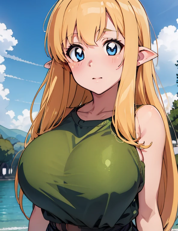 (masterpiece, best quality, high resolution, anime colored, anime screencap, 8k, detailed, photorealistic), tifania, The Familiar of Zero, blue eyes, blush, elf, long hair, large breasts, pointy ears, blonde hair, sideboob, green clothes, (upper body:1.5), lake, (perfect detailed anatomy, beautiful detailed eyes&hair, perfect detailed face&body, beautiful skin)