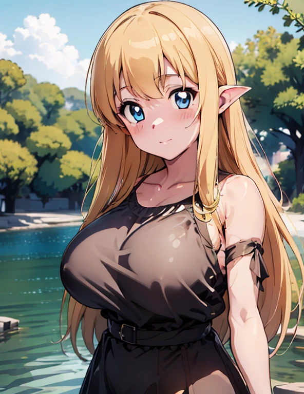 (masterpiece, best quality, high resolution, anime colored, anime screencap, 8k, detailed, photorealistic), tifania, The Familiar of Zero, blue eyes, blush, elf, long hair, large breasts, pointy ears, blonde hair, sideboob, green clothes, (upper body:1.5), lake, (perfect detailed anatomy, beautiful detailed eyes&hair, perfect detailed face&body, beautiful skin)