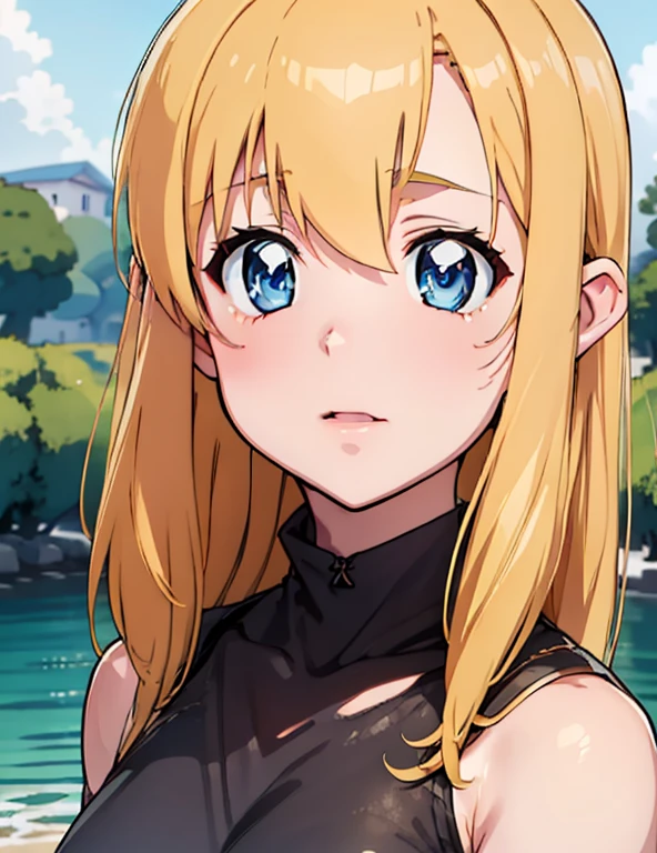 (masterpiece, best quality, high resolution, anime colored, anime screencap, 8k, detailed, photorealistic), tifania, The Familiar of Zero, blue eyes, blush, elf, long hair, large breasts, pointy ears, blonde hair, sideboob, green clothes, (upper body:1.5), lake, (perfect detailed anatomy, beautiful detailed eyes&hair, perfect detailed face&body, beautiful skin)