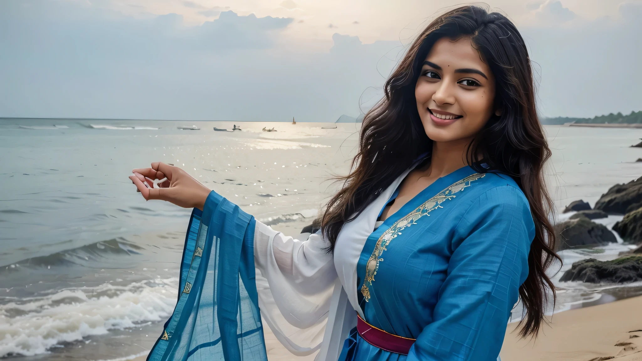 ((best quality)), ((masterpiece)), (detailed), perfect face. wavy black hair, indian super model, indian girl with fair skin, sexy girl with fair complexion, indian, smiling, gorgeous woman, photo of a beautiful woman, blue colored traditional wear, wearing a silk kurta, beautiful model, gorgeous beautiful woman, wearing a kurta, full hands, white tunic with embroidery, , standing on a beach with waves coming towards her