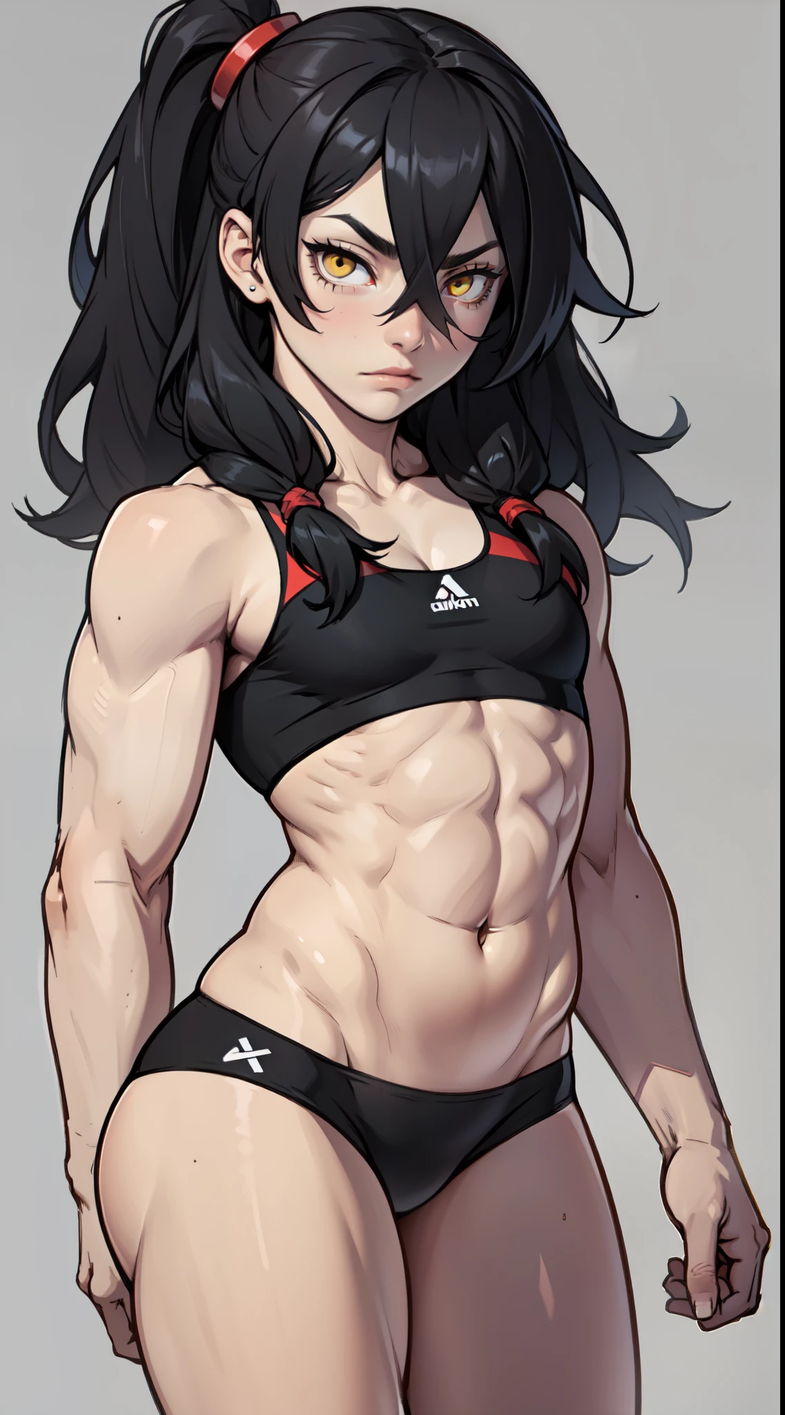 expressionless sad girl muscular girl thick girl pale skin girl black hair girl yellow eyes girl skindentation midriff navel abs flat chest girl long hair hair between eyes 