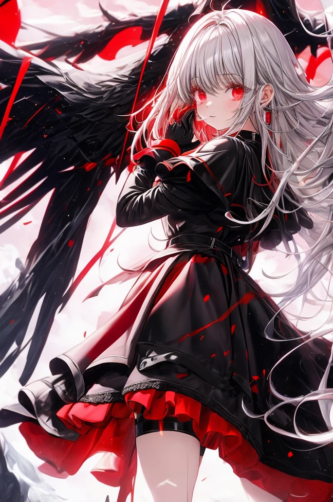 red eyes, sliver hair, black stocking, long gloves, short pants, dress, high heels