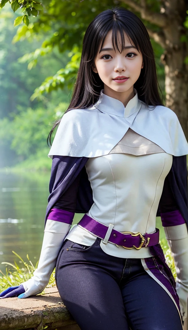 photorealistic, (4k), depth of field, (Masterpiece), (realistic skin texture), extremely detailed, intricate, hyper detailed, professional photography, bokeh, high resolution, sharp detail, best quality, girl, white shirt, white cape, black pants, long hair, black hair, dark blue eyes, white gloves, purple belt, crossing ankles , (swamp:1.3), marsh, (raining), shooting stars, twinkling stars, full moon,