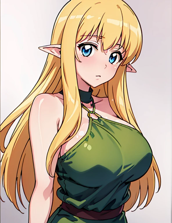 (masterpiece, best quality, high resolution, anime colored, anime screencap, 8k, detailed, photorealistic), tifania, The Familiar of Zero, blue eyes, blush, elf, long hair, large breasts, pointy ears, blonde hair, sideboob, green clothes, (upper body:1.5), lake, (perfect detailed anatomy, beautiful detailed eyes&hair, perfect detailed face&body, beautiful skin)