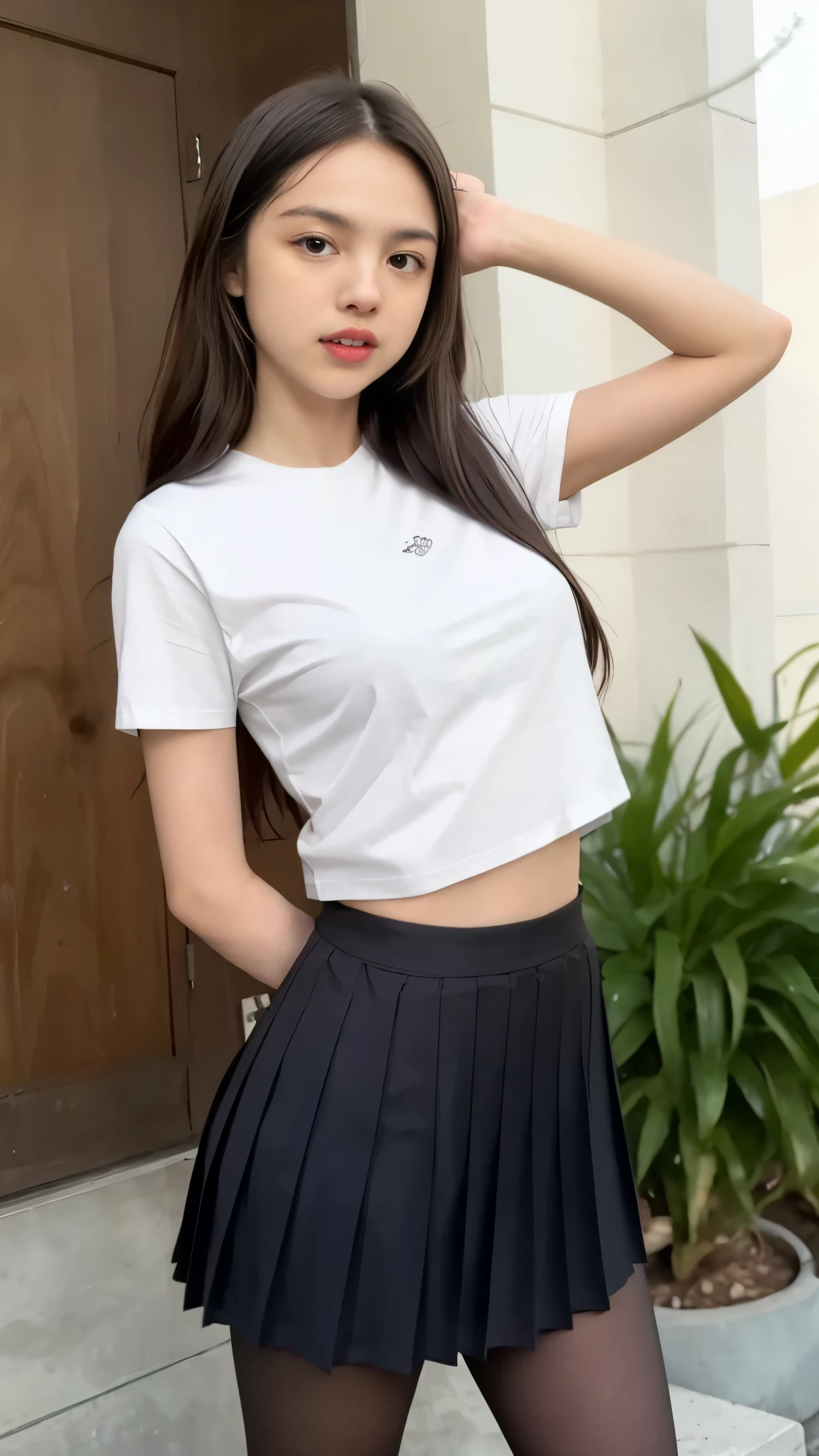Olivia Rodrigo, , long hair: 1.6, t-shirt lifting with her hands to show her breasts, pleated skirt, pantyhose, small breasts, light skin, photorealistic