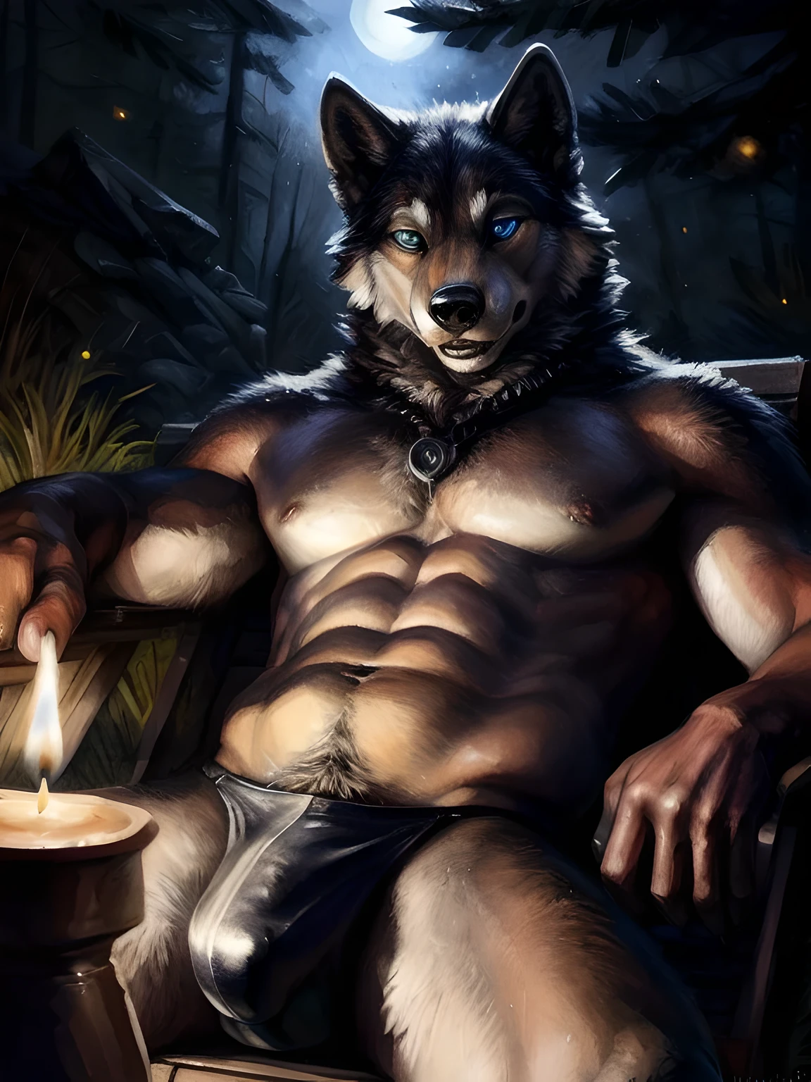 solo, male, (slim), (male anthro wolf):1.3, grey body, white belly, (laying on back):1.3, ((night))
(inside a black cooking pot) (black thong, red pattern:1.2), bulge, knot,
detailed eyes, wolf tail, bulge, ((body portrait)),
, (detailed eyes, blue eyes, glowing eyes):1.1,
(outdoors:1.35), one big cooking pot, forest, candle light, night, (particles ,firefly, blue glowing):1.3,
detailed background, photorealistic, realistic hands, 8k HD,
(dark shadows, wide dynamic range, hdr, low light:1.2),
by (by Pino Daeni, (by ruaidri), (by virtyalfobo), (by Kenket). bulge