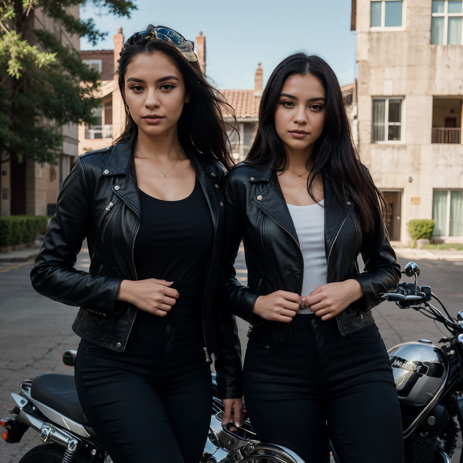 first woman, one beautiful latina dress with a leather jacket and black jeans, long hair, on a motorcycle, and the second woman, with black hair above her shoulder, tall, dress with a leather jacket, and black jeans ((best quality)), ((masterpiece)), (detailed), perfect face