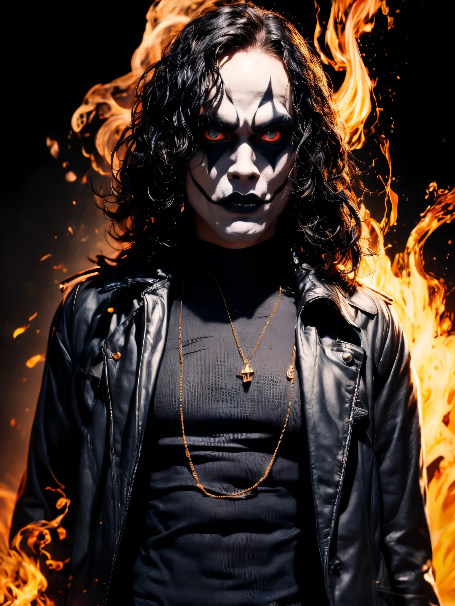 T-shirt Design, ((black background)). "The Crow". The character is in the middle of a dark street, with a bright green light shining on him. (( The Crow V.IT Face, White face with black makeup )), The background is black with smoke. Wearing a The Crow Costume. The character is wearing a black overcoat, jeans. He has long black hair and wears black makeup, makeup with just one line on each eye. DETAILED FACE, intricaten. Realism: The generated art should be realistic and highly detailed. Lighting: The lighting should be cinematic, with a bright green light shining on the character. Background: The background should be black with smoke. Cinematic lighting. 