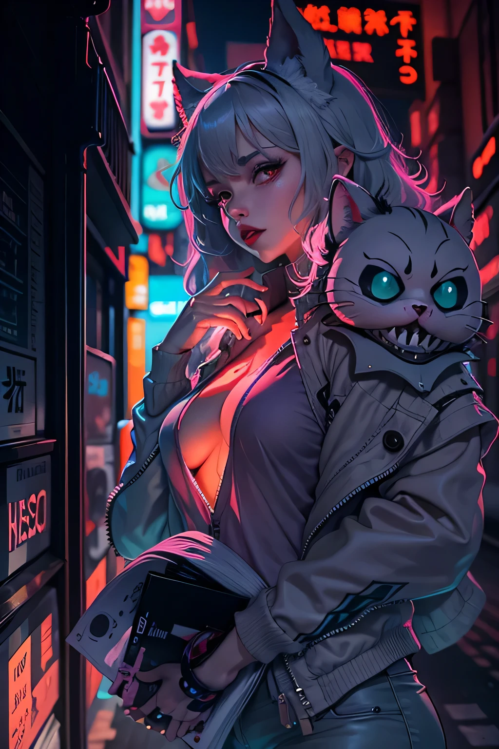 Neon-lit streets of Tokyo, Red lips, fuck her pussy outside, shadows hint at otherworldly dangers, In the dark, edgy anime style.