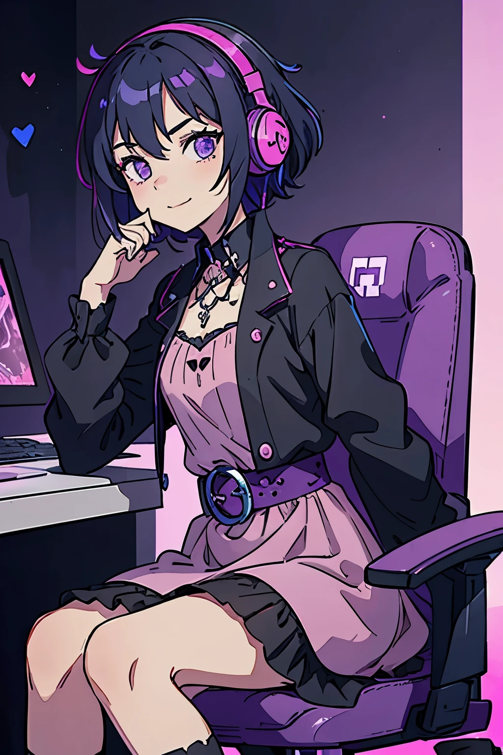 woman sitting on a gaming chair wearing a pink dress, using headphones, playing in PC ,wearing a gothic dress, black and pink dress, 20s goth girl, witch clothes, goth outfit, in a dress, goth girl, mall goth, wearing pink floral chiton, wearing a pink dress, wearing modern gothic clothes, pink and black, outfit photo, short hair, black hair with blue tips, hair with blue tips, nose piercing, (( NO BACKGROUND )), (( purple light )), happy expression, heart pupils, left angle, waist up