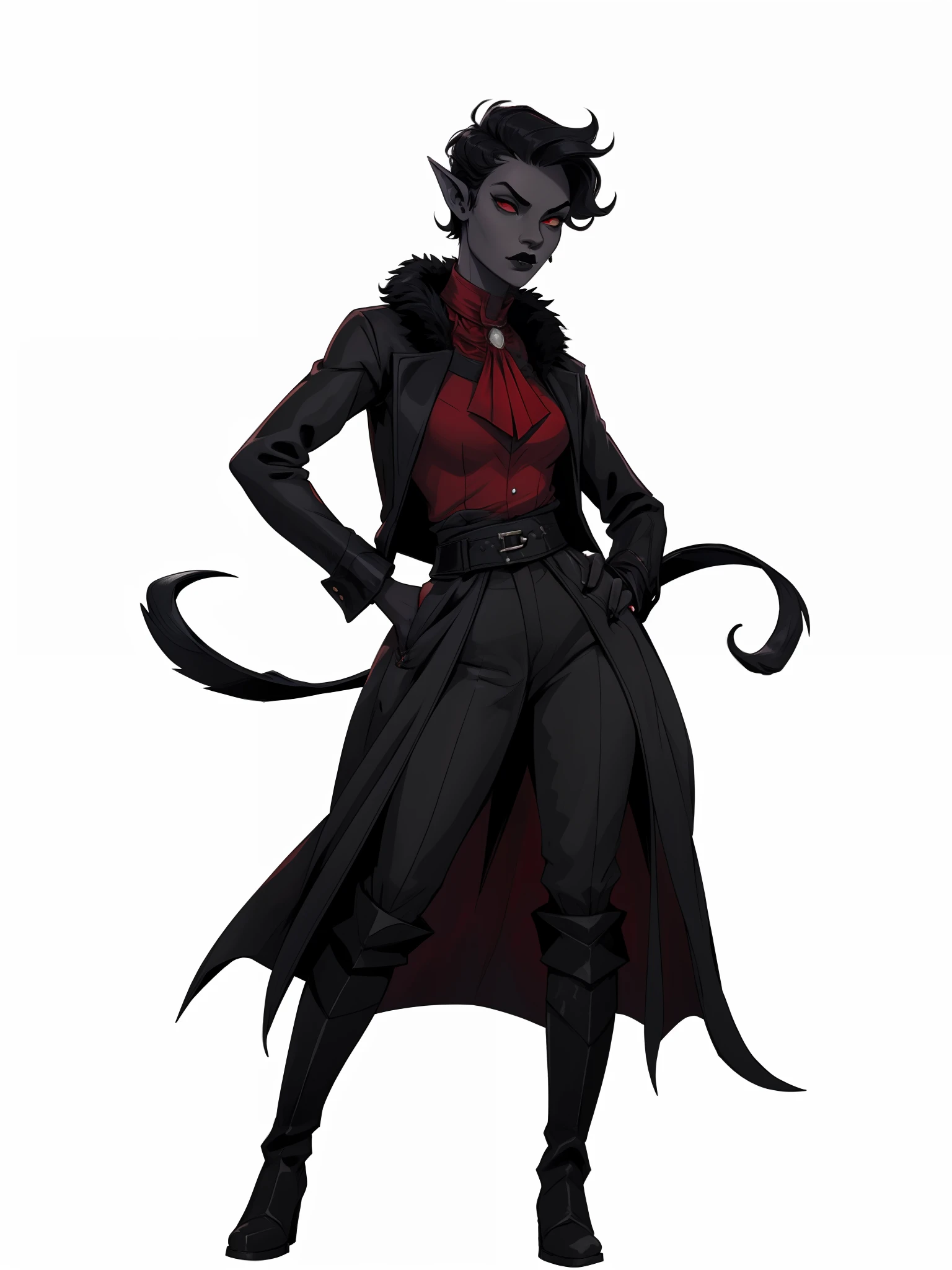 full body portrait, 1girl, short combed hair, pixie cut, combed hair, forehead, drow, black lipstick, fur coat, red high-collared shirt, ascot, high collar, solo, blank background, white background, outside, gothic fantasy art, long pointy ears, high laced boots, bullwhip, wide hips, flat-chested