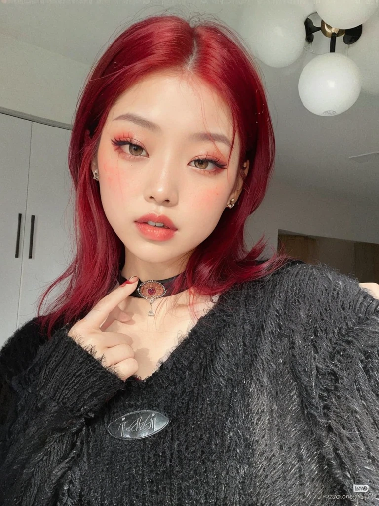 arafed woman Con cabello rojo and a black sweater posing for a picture, cruel korean gothic girl, ulzzang, dyed red hair, Con cabello rojo, crimson red hair and red eyes, maquillaje popular de corea del sur, retrato de jossi de blackpink, con cabello rosado, pale red, piel roja suave, maquillaje coreano popular, con el pelo largo y rojo