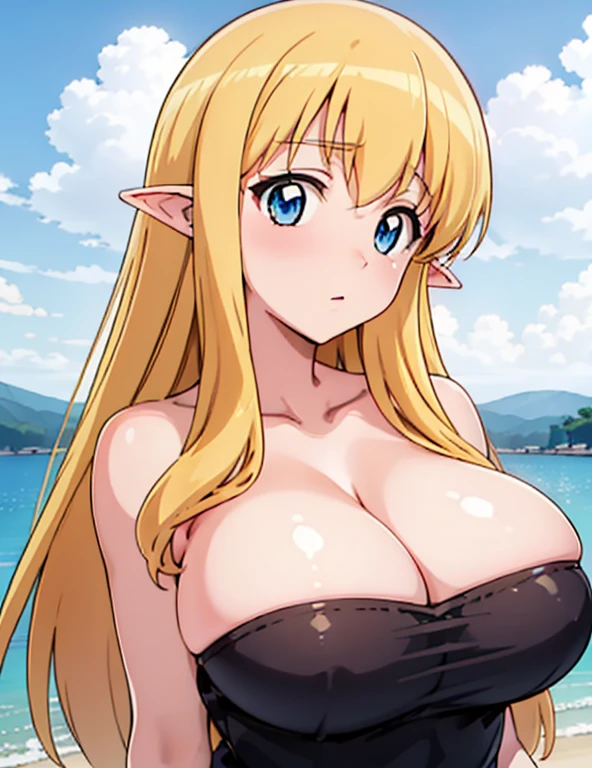 (masterpiece, best quality, high resolution, anime colored, anime screencap, 8k, detailed, photorealistic), tifania, The Familiar of Zero, blue eyes, blush, elf, long hair, large breasts, pointy ears, blonde hair, sideboob, green clothes, no bra, (upper body:1.5), lake, (perfect detailed anatomy, beautiful detailed eyes&hair, perfect detailed face&body, beautiful skin)